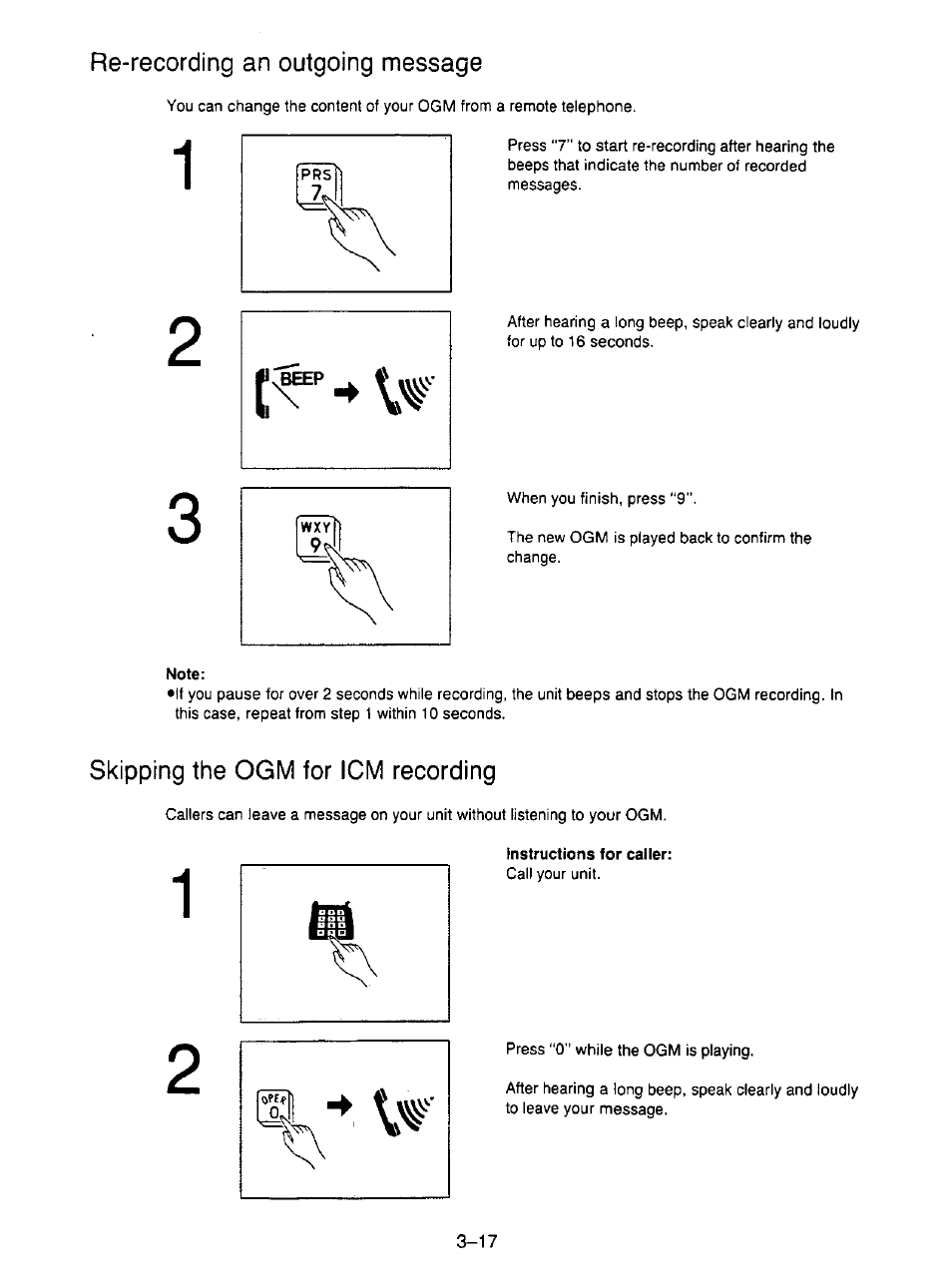 Re-recording an outgoing message, Note, Skipping the ogm for icm recording | Instructions for caller, Recording an outgoing message (ogm) -15, Skipping the ogm for icm recording -17 | Panasonic KX-F195 User Manual | Page 74 / 104