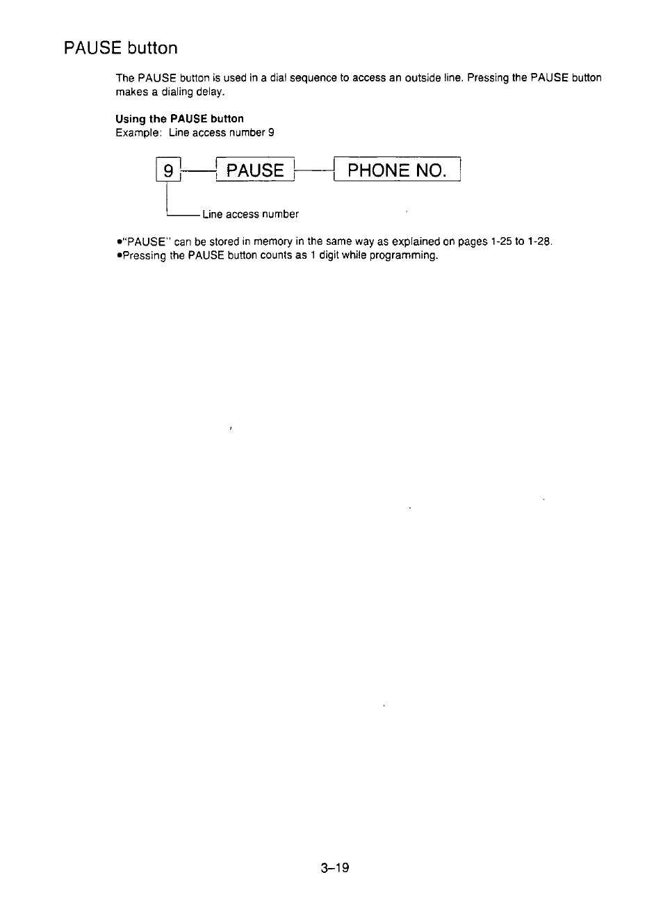 Pause button, Using the pause button, Pause | Pause button -19, Phone no | Panasonic KX-F195 User Manual | Page 76 / 104