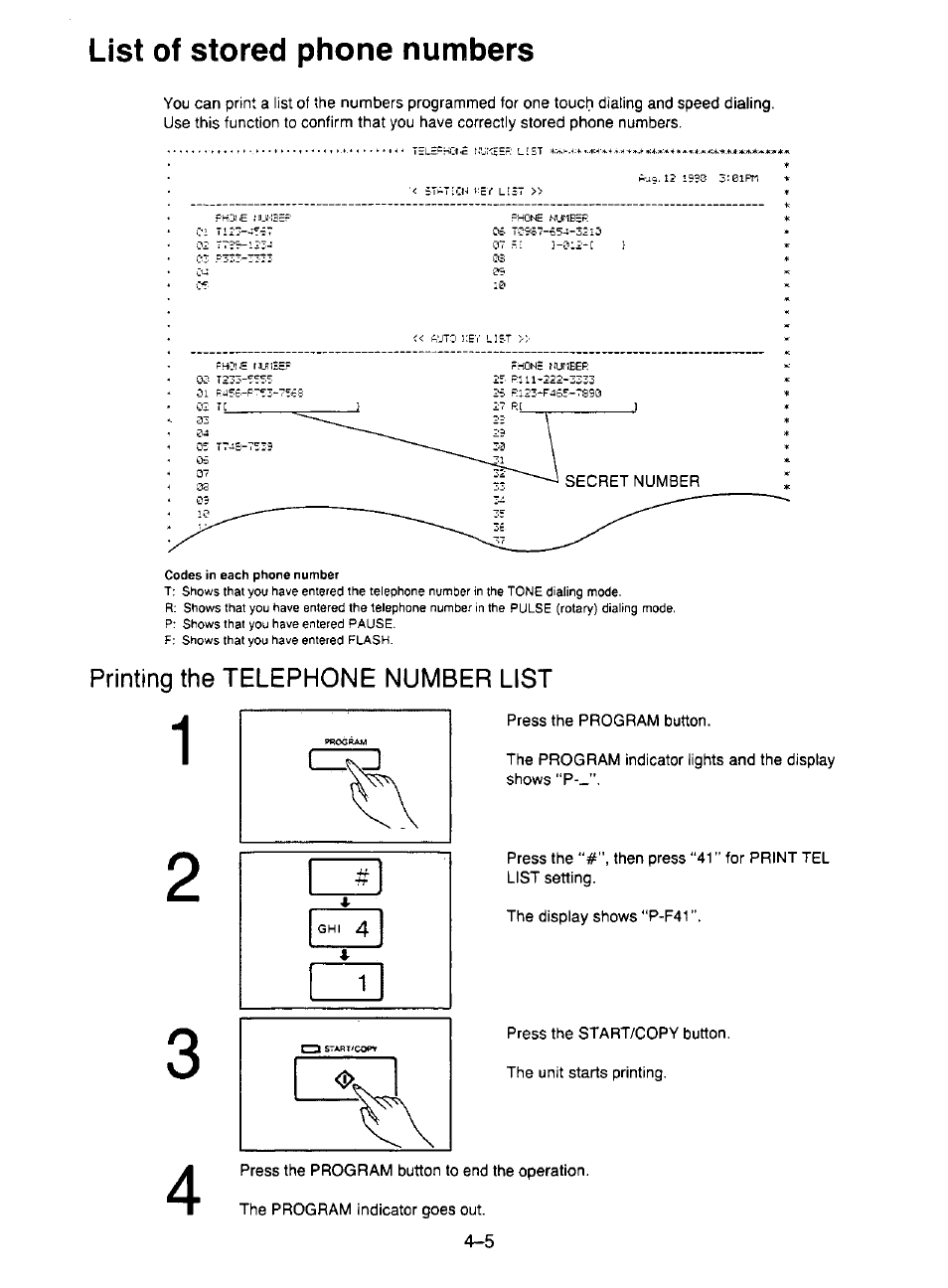 Printing the telephone number list, Printing the telephone number list -5, List of stored phone numbers | Panasonic KX-F195 User Manual | Page 82 / 104