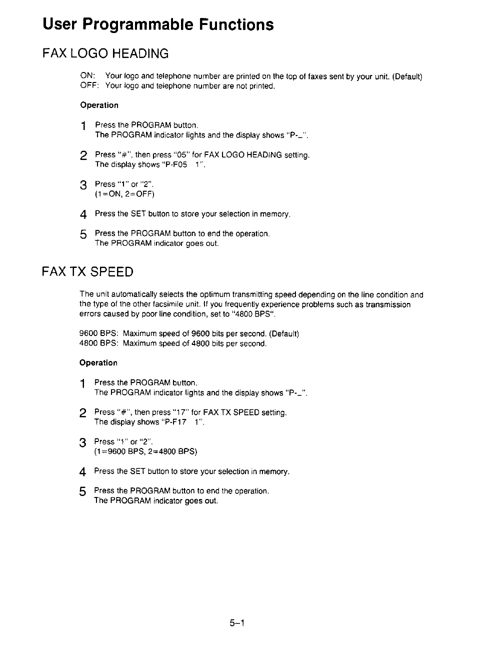 Fax logo heading, Operation, Fax tx speed | Fax logo heading -1 fax tx speed -1, User programmable functions | Panasonic KX-F195 User Manual | Page 86 / 104