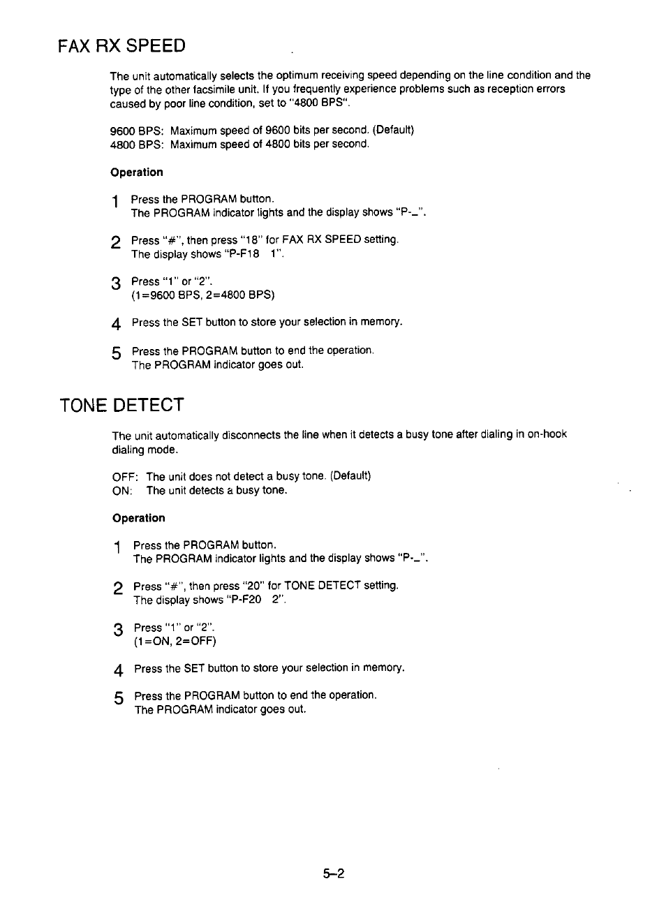 Fax rx speed, Operation, Tone detect | Fax rx speed -2, Tone detect -2 | Panasonic KX-F195 User Manual | Page 87 / 104