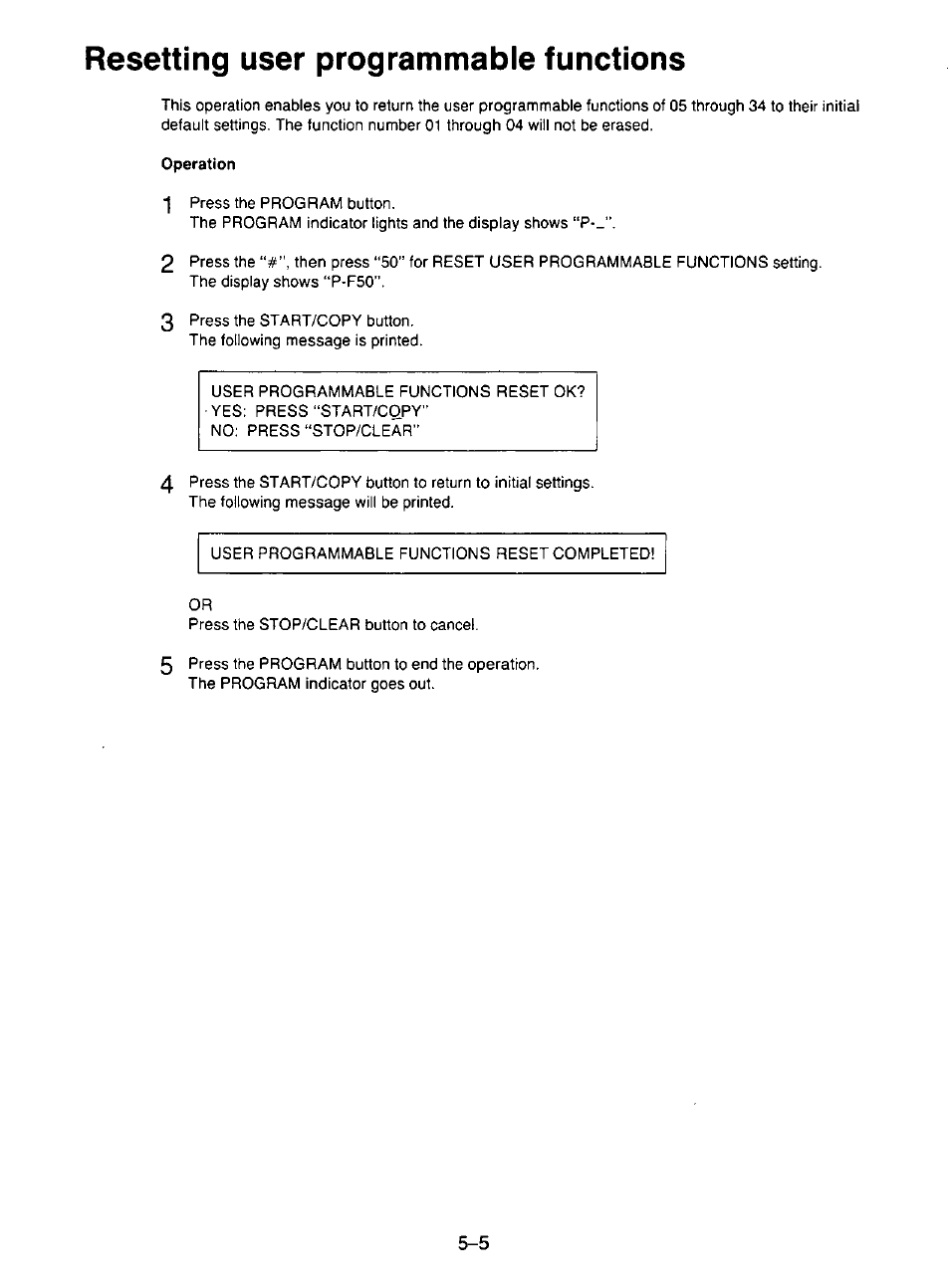Operation, Resetting user programmable functions | Panasonic KX-F195 User Manual | Page 90 / 104