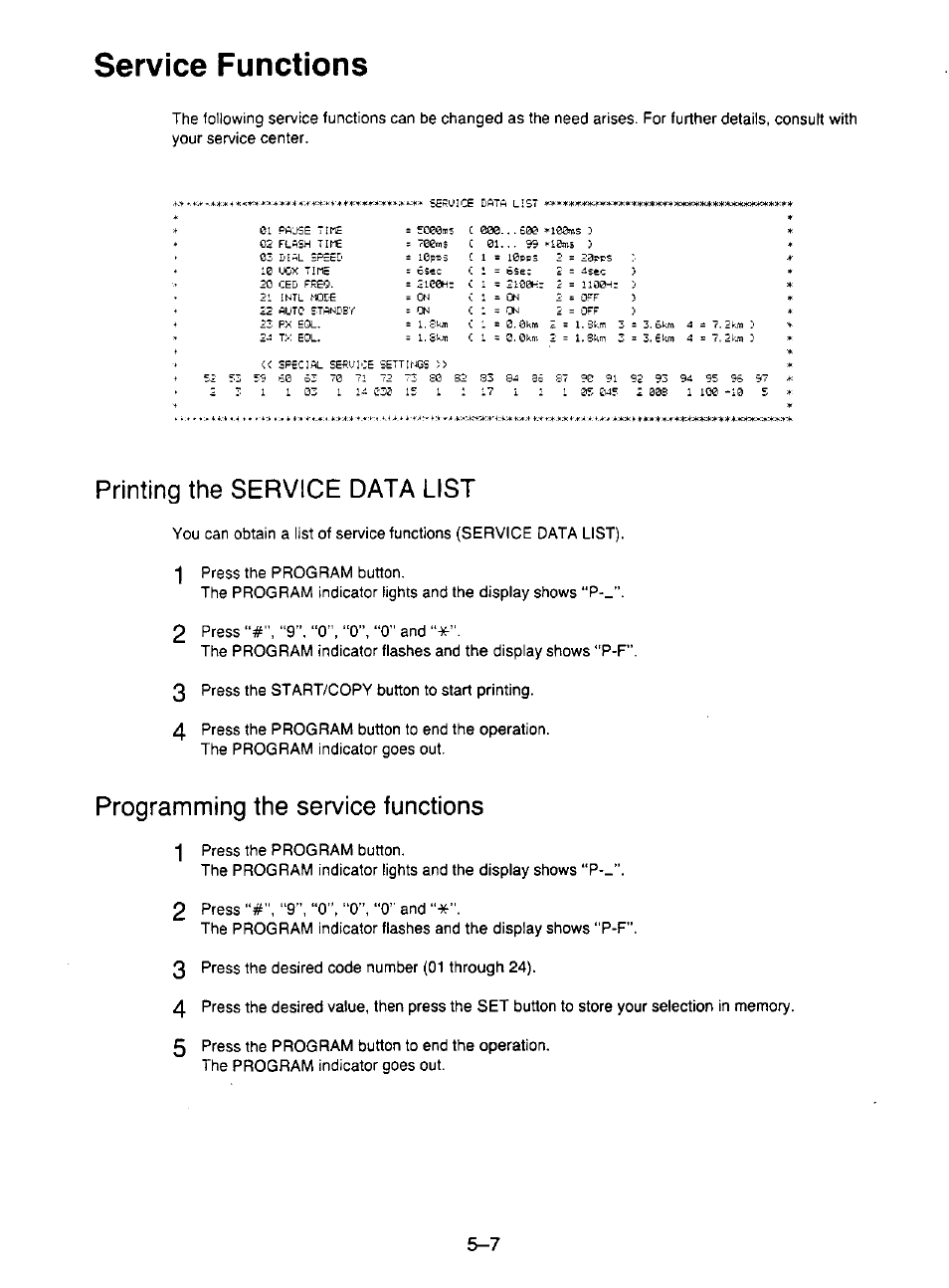 Printing the service data list, Programming the service functions, Service functions | Panasonic KX-F195 User Manual | Page 92 / 104