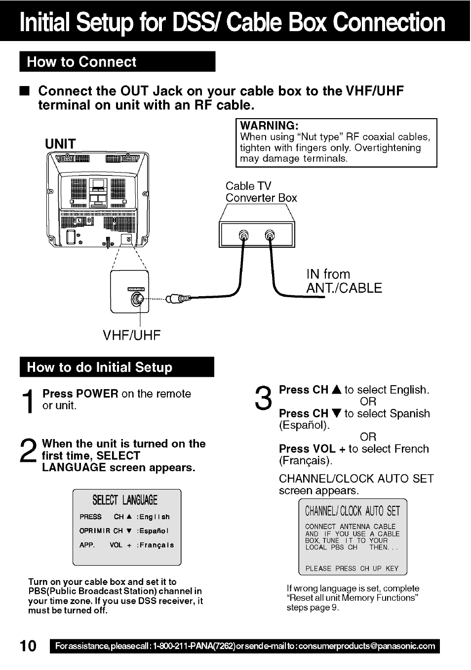 Initial setup for dss / cable box connection | Panasonic VV-1301 User Manual | Page 10 / 40