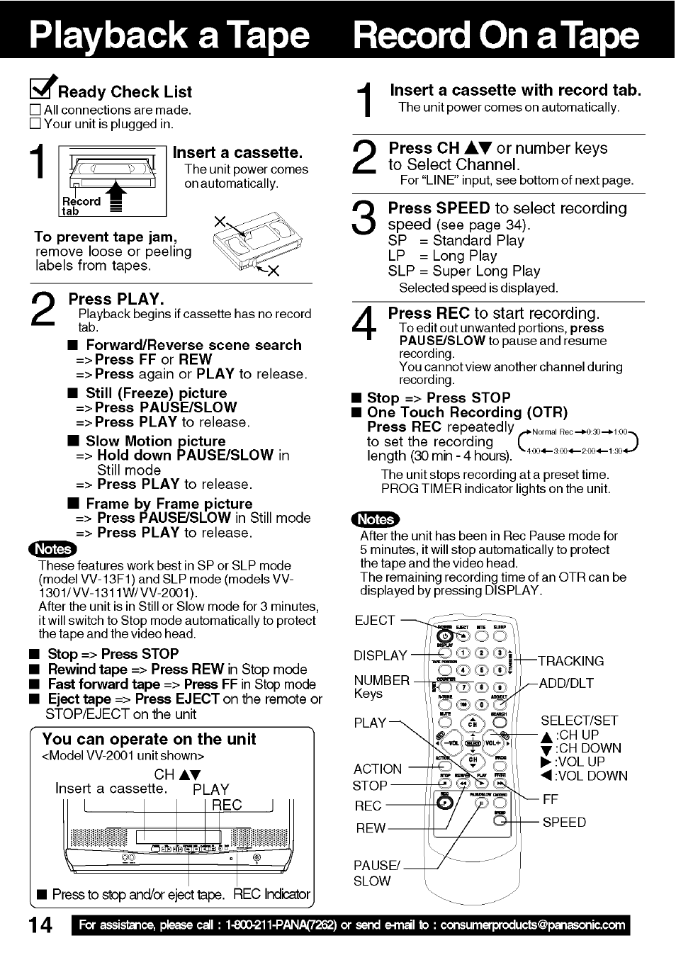 Playback a tape, Record on a tape | Panasonic VV-1301 User Manual | Page 14 / 40