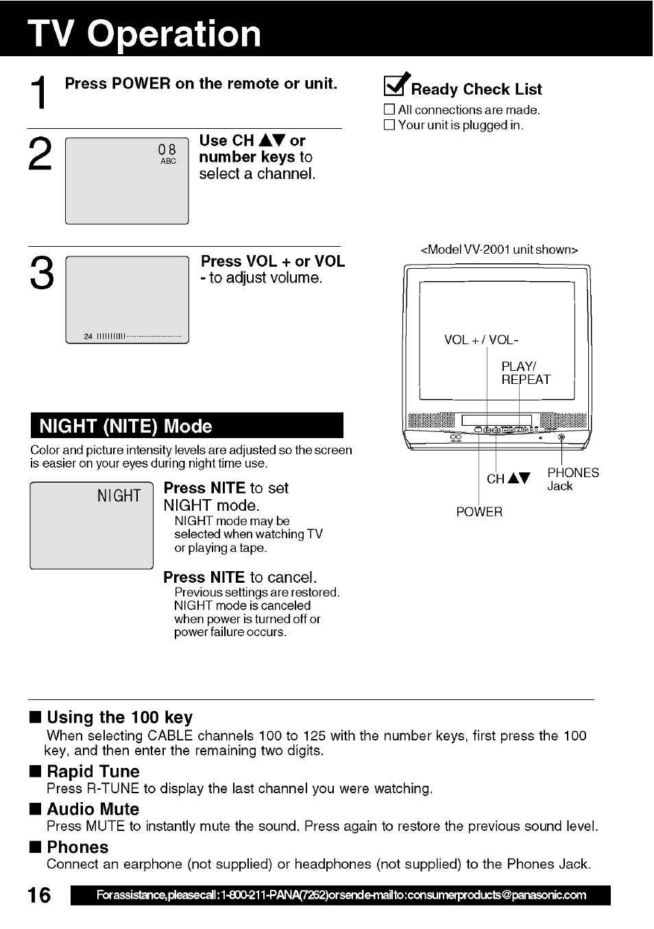 Tv operation | Panasonic VV-1301 User Manual | Page 16 / 40