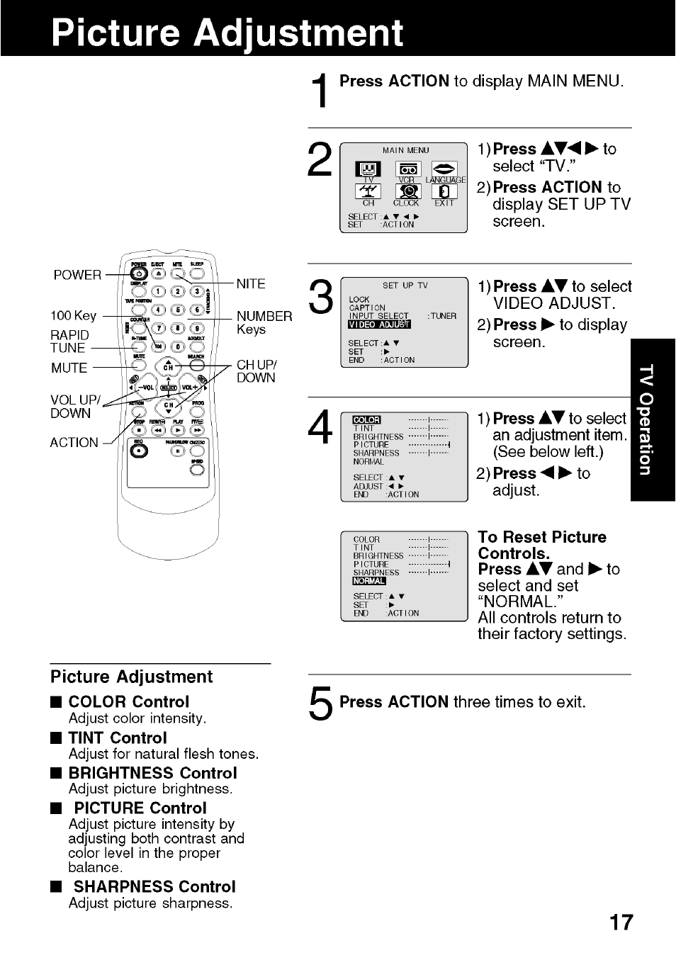 Picture adjustment | Panasonic VV-1301 User Manual | Page 17 / 40