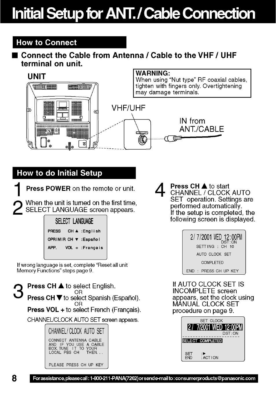 Initial setup for ant. / cable connection | Panasonic VV-1301 User Manual | Page 8 / 40