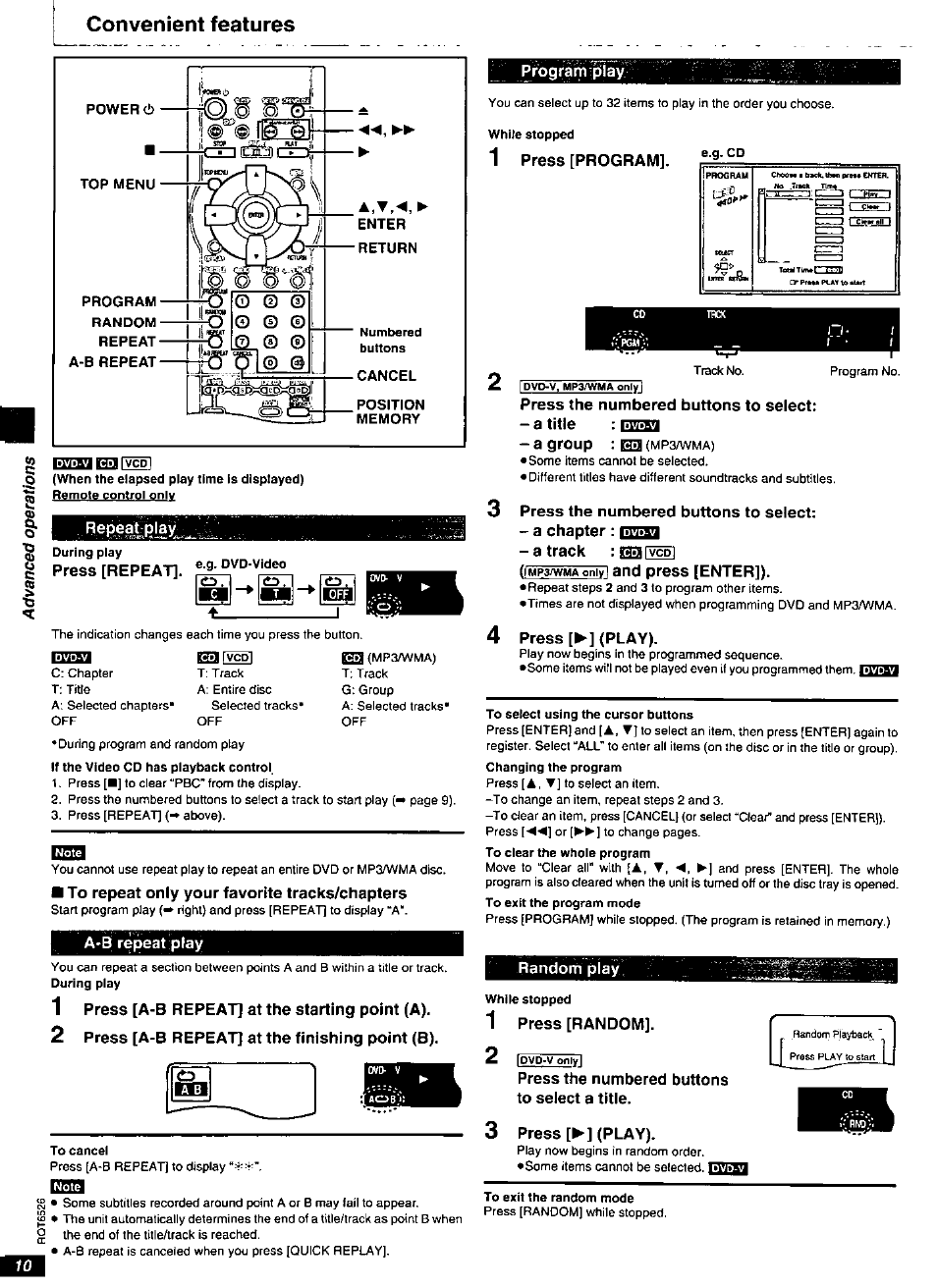 Convenient features, C d m l, Repeat play | Press [repeat, A-b repeat play, Prograrh play, Press [program, Random piay, Press [random | Panasonic DVD-RP62 User Manual | Page 10 / 24