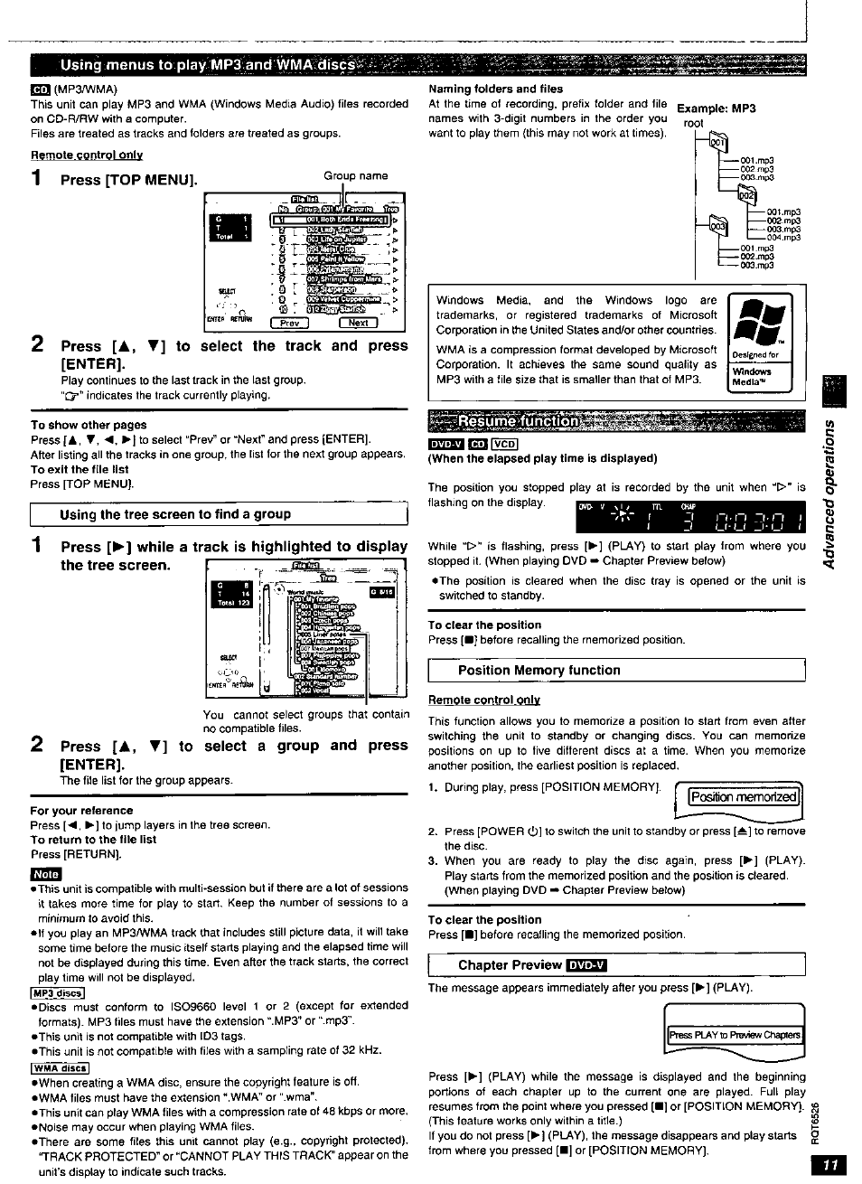 Using menus to play mp3 and wmaí, 1 press [top menu, 2 press [a, ▼] to select a group and press [enter | Using menus to play mp3 and wma discs, Press [top menu, 2 press, Press | Panasonic DVD-RP62 User Manual | Page 11 / 24