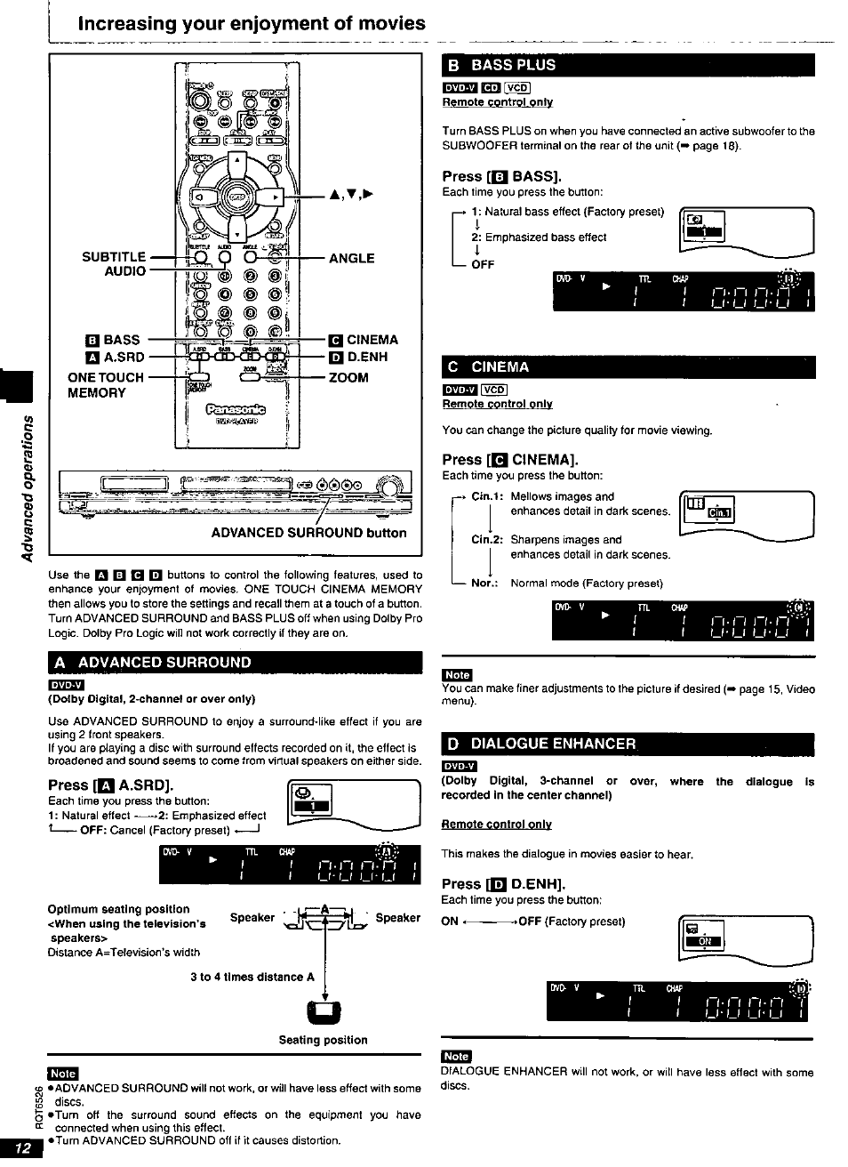 Increasing your enjoyment of movies, В bass plus, Press [q bass | C cinema, Press [q cinema, A advanced surround, Press [q a.srd, D dialogue enhancer, Press [q d.enh | Panasonic DVD-RP62 User Manual | Page 12 / 24