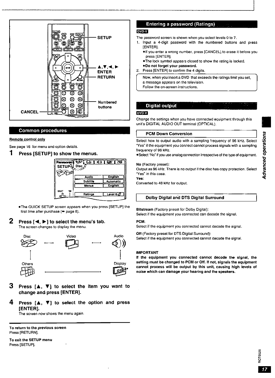 Common procedures, 1 press [setup] to show the menus, Press [m, to select the menu’s tab | Entering a password (ratings), Digital output, Press [setup] to show the menus, Press, Press [a, ▼] to select the option and press [enter | Panasonic DVD-RP62 User Manual | Page 17 / 24