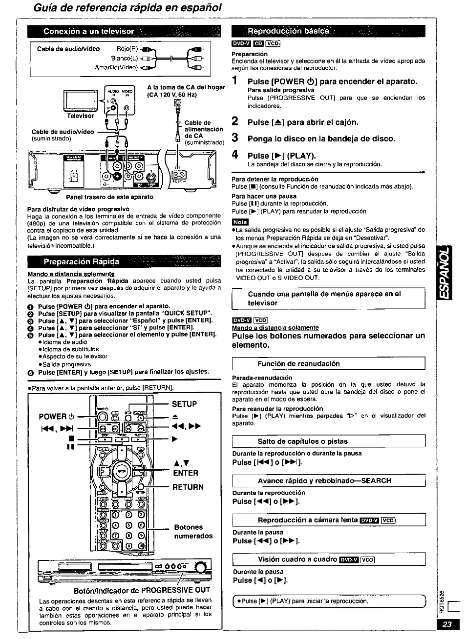 Guía de referencia rápida en español, Conexión a un televisor, Fo') | Preparación rápida, Setup power ò, Reproducción básica, Pulse [power (!)] para encender el aparato | Panasonic DVD-RP62 User Manual | Page 23 / 24