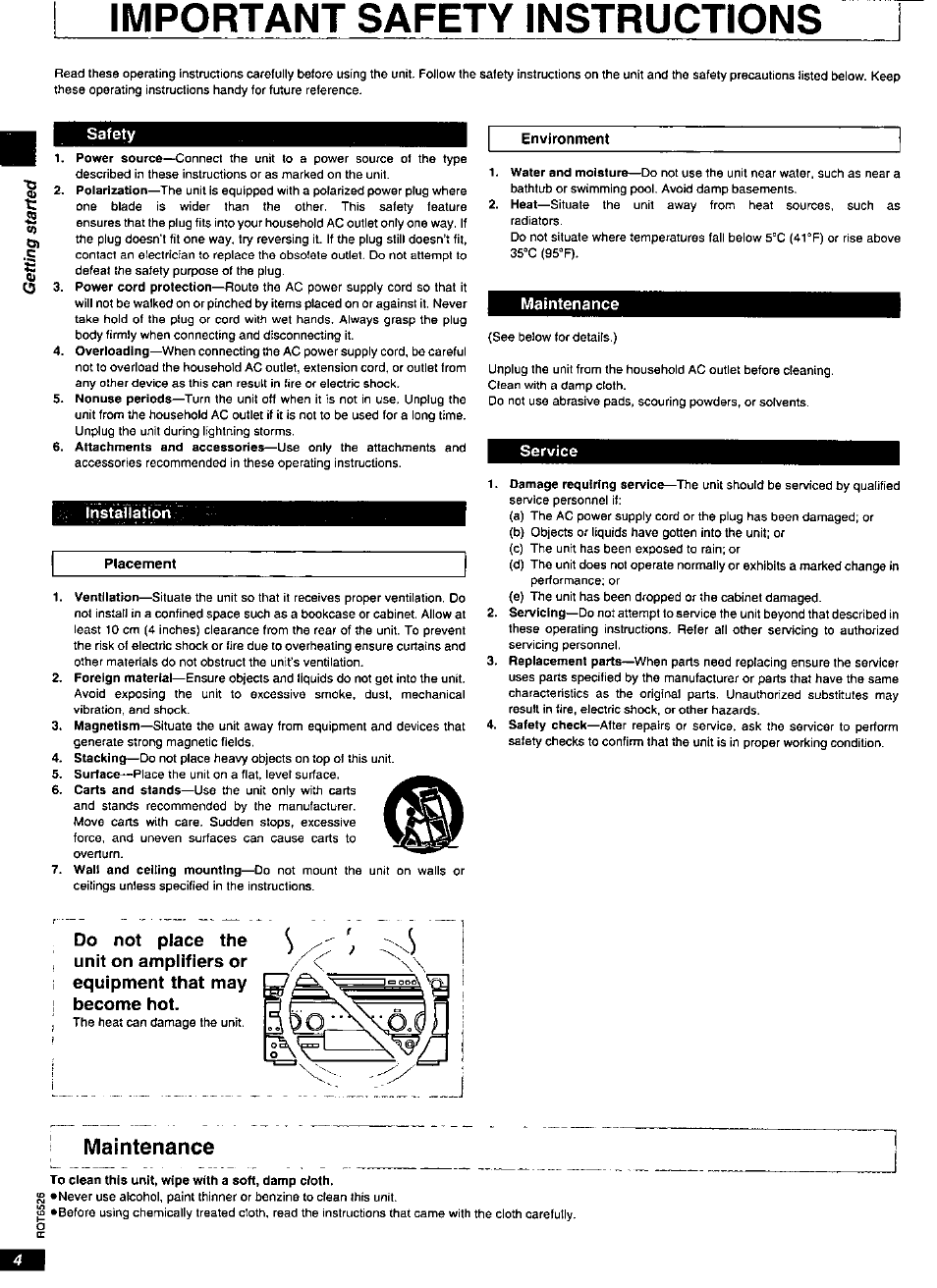 Safety, Installation, Maintenance | Service, Important safety instructions, Jmaintenance, C5 safety, O «) cn | Panasonic DVD-RP62 User Manual | Page 4 / 24