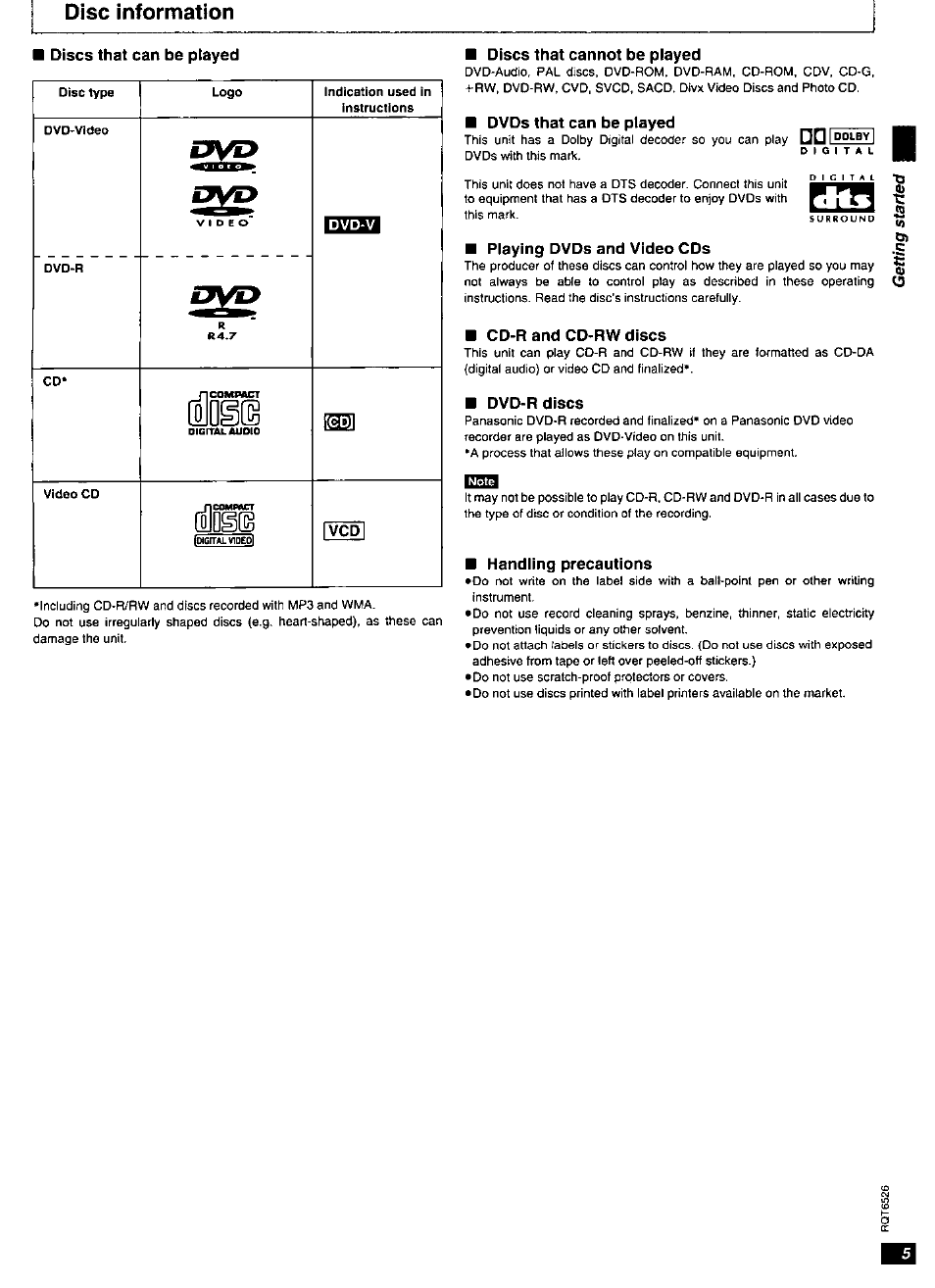 Disc information, Folngfa, Discs that can be played | Discs that cannot be played, Dvds that can be played, Playing dvds and video cds, Cd-r and cd-rw discs, Dvd-r discs, Handling precautions | Panasonic DVD-RP62 User Manual | Page 5 / 24