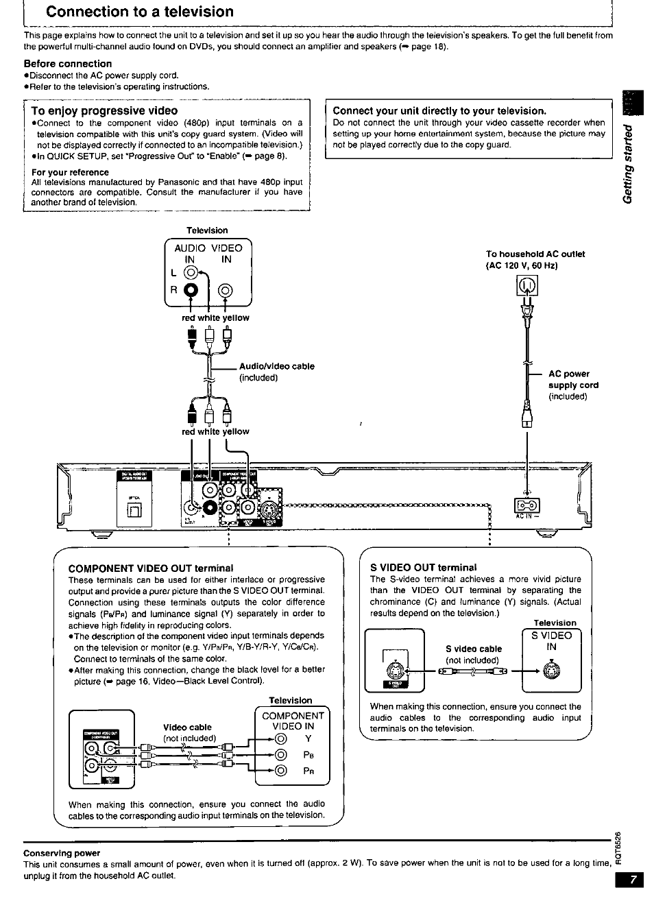 Connection to a television, To enjoy progressive video, Connect your unit directly to your television | O a tn £ 0) о, Ob- o | Panasonic DVD-RP62 User Manual | Page 7 / 24
