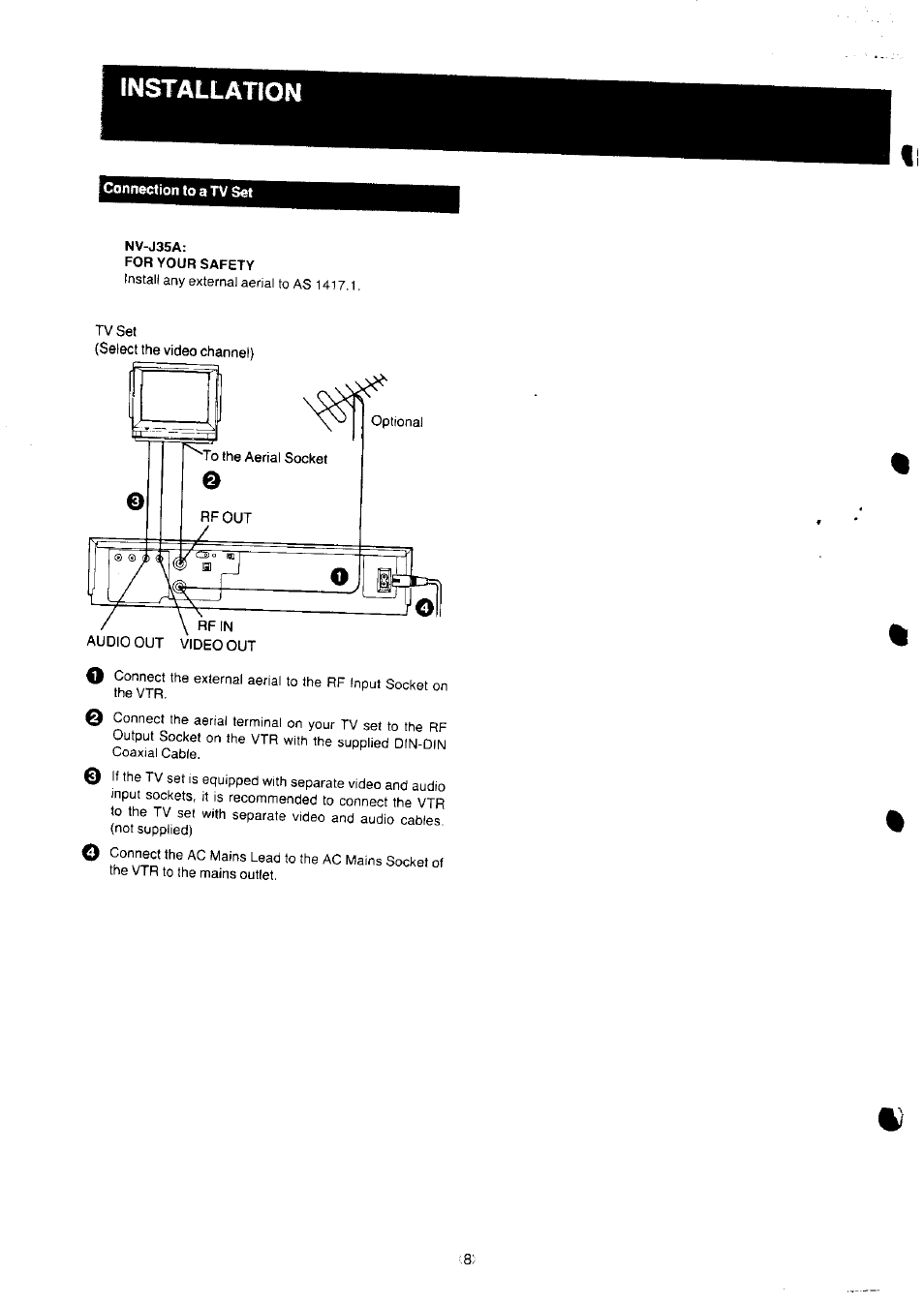 Nv-j35a, For your safety, Installation | Panasonic NV-J35 User Manual | Page 8 / 35
