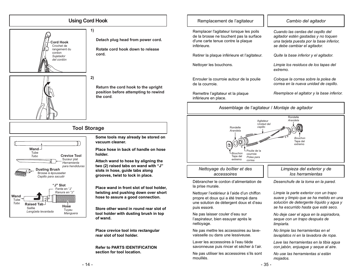 Using cord hook, Tool storage, Using cord hook tool storage | Panasonic MC-V5744 User Manual | Page 14 / 48
