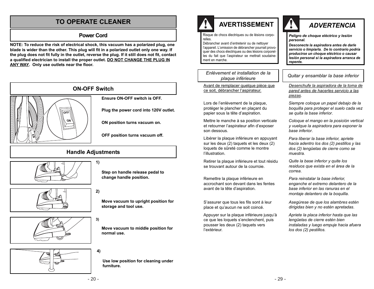 To operate cleaner, Power cord, On-off switch | Handle adjustments, Advertencia, Avertissement | Panasonic MC-V5744 User Manual | Page 20 / 48