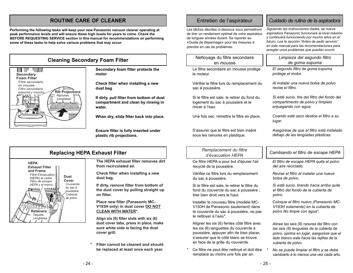 Routine care of cleaner, Cleaning secondary foam filter, Cleaning hepa exhaust filter | Ca rp et barefloor (tools), Replacing hepa exhaust filter | Panasonic MC-V5744 User Manual | Page 24 / 48
