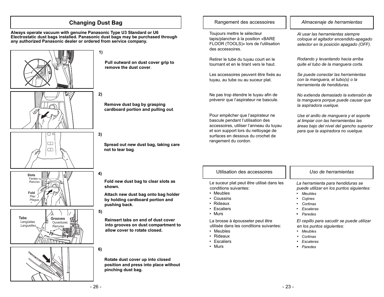 Changing dust bag, Off on | Panasonic MC-V5744 User Manual | Page 26 / 48