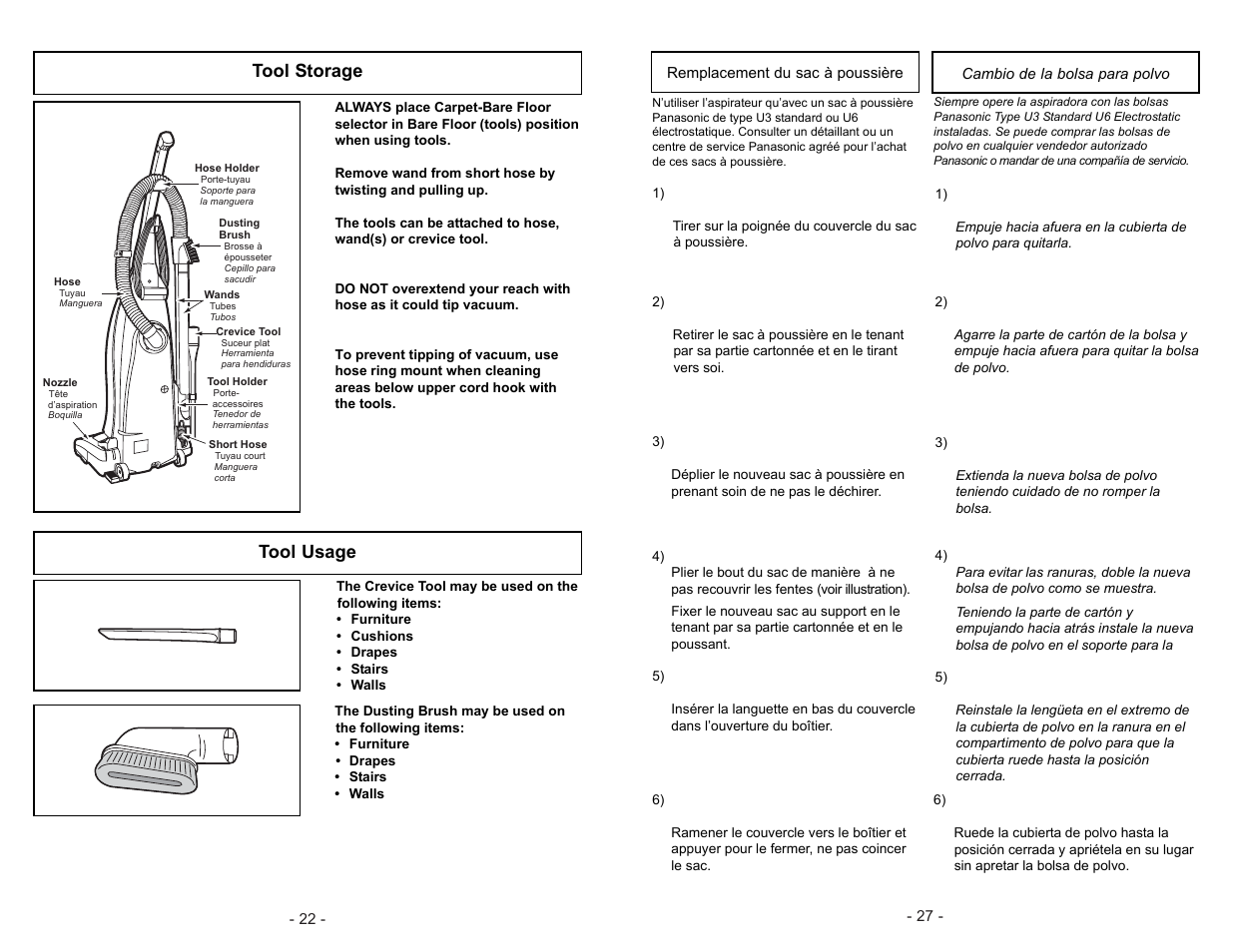 Remplacement du sac a poussiere, Cambio de la bolsa para polvo, Tool storage | Tool usage | Panasonic MC-V5744 User Manual | Page 27 / 48