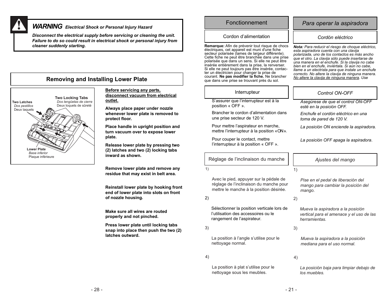 Removing and installing lower plate, Warning, Para operar la aspiradora fonctionnement | Panasonic MC-V5744 User Manual | Page 28 / 48