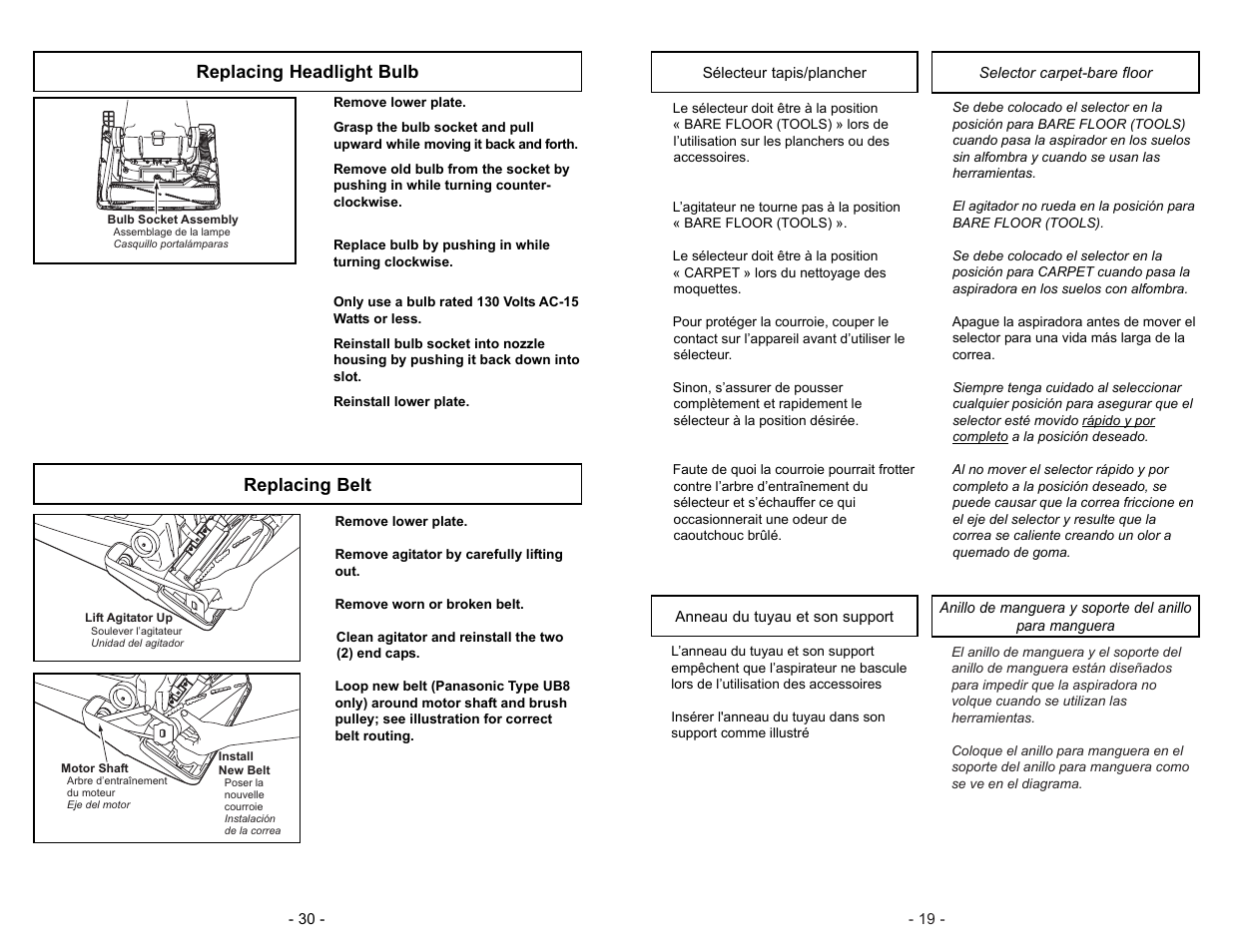 Replacing headlight bulb, Replacing belt | Panasonic MC-V5744 User Manual | Page 30 / 48