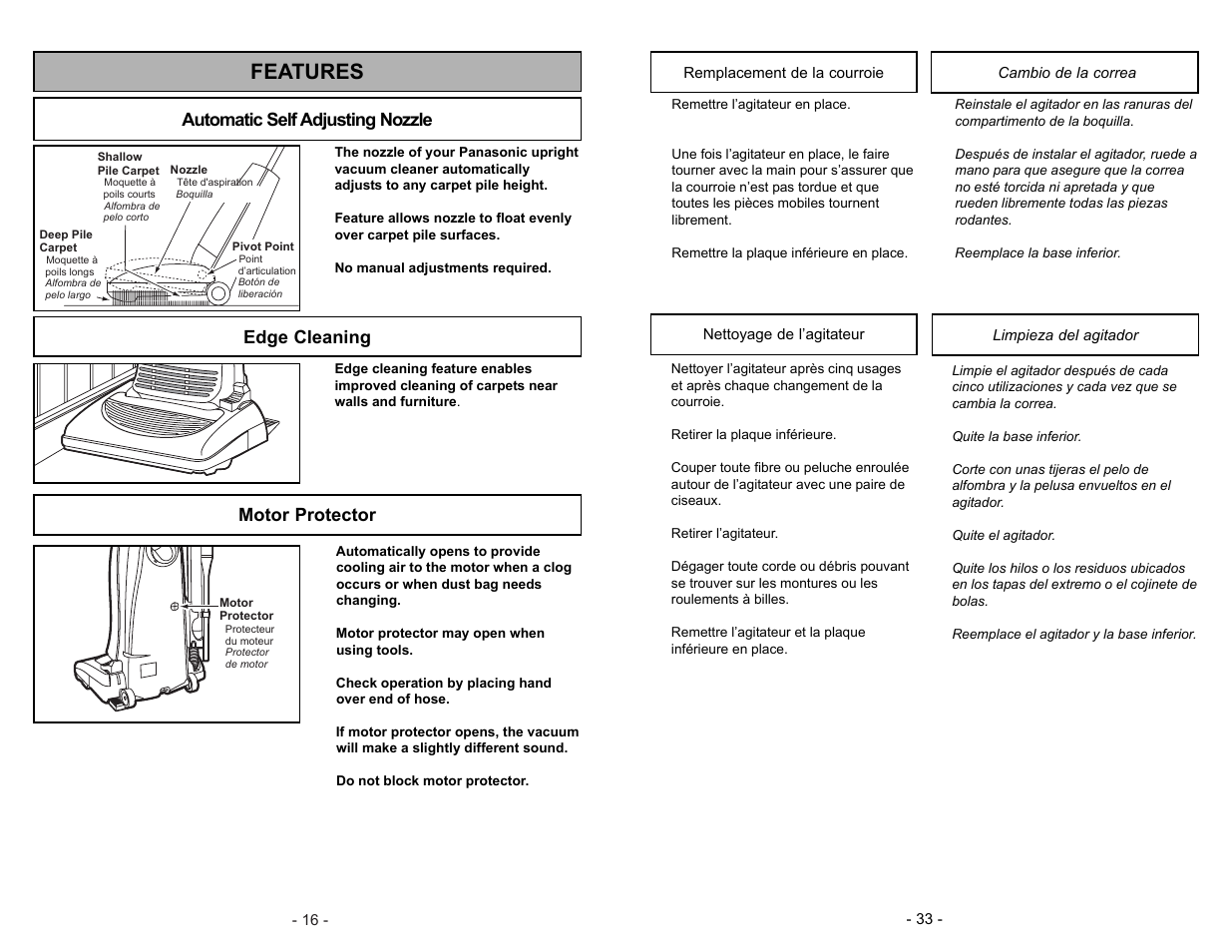 Nettoyage de l'agitateur, Limpieza del agitador, Features | Edge cleaning, Automatic self adjusting nozzle, Motor protector | Panasonic MC-V5744 User Manual | Page 33 / 48