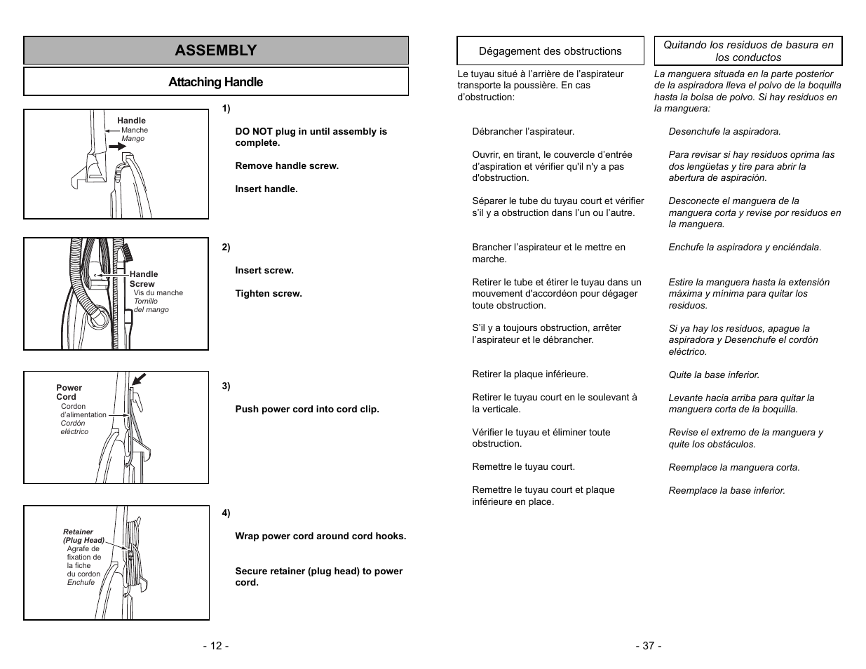 Degagement des obstructions, Quitar de los residuos de basura en los conductos, Assembly | Attaching handle | Panasonic MC-V5744 User Manual | Page 37 / 48
