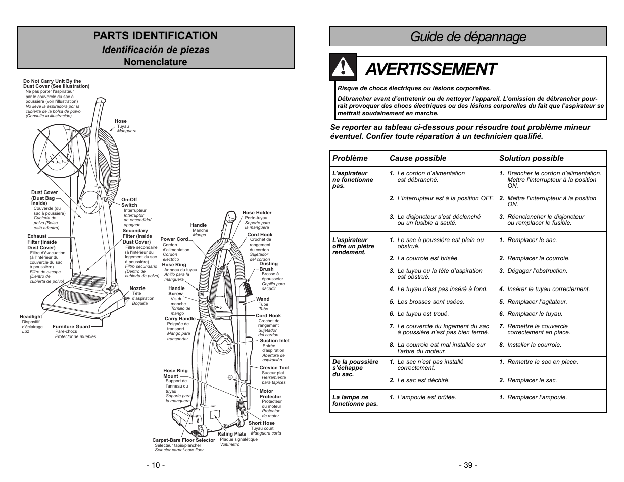 Guide de depannage, Avertissement, Guide de dépannage | Parts identification, Identificación de piezas nomenclature, Off on ca rp et bare floor (tools) | Panasonic MC-V5744 User Manual | Page 39 / 48