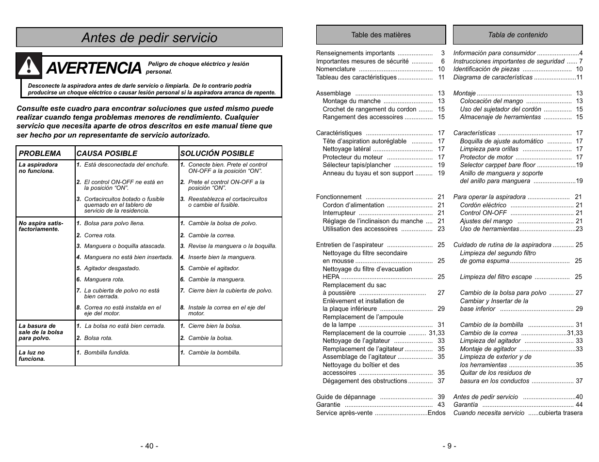 Antes de pedir servicio, Avertencia | Panasonic MC-V5744 User Manual | Page 40 / 48