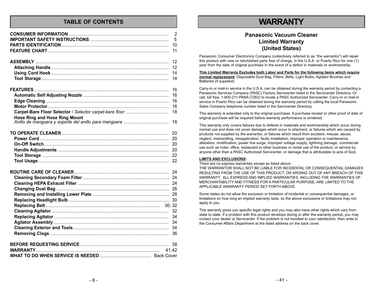 Warranty | Panasonic MC-V5744 User Manual | Page 41 / 48