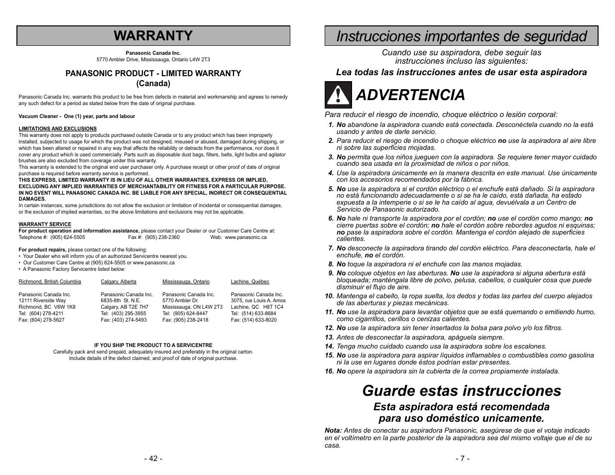 Instrucciones importantes de seguridad, Advertencia, Guarde estas instrucciones | Warranty | Panasonic MC-V5744 User Manual | Page 42 / 48