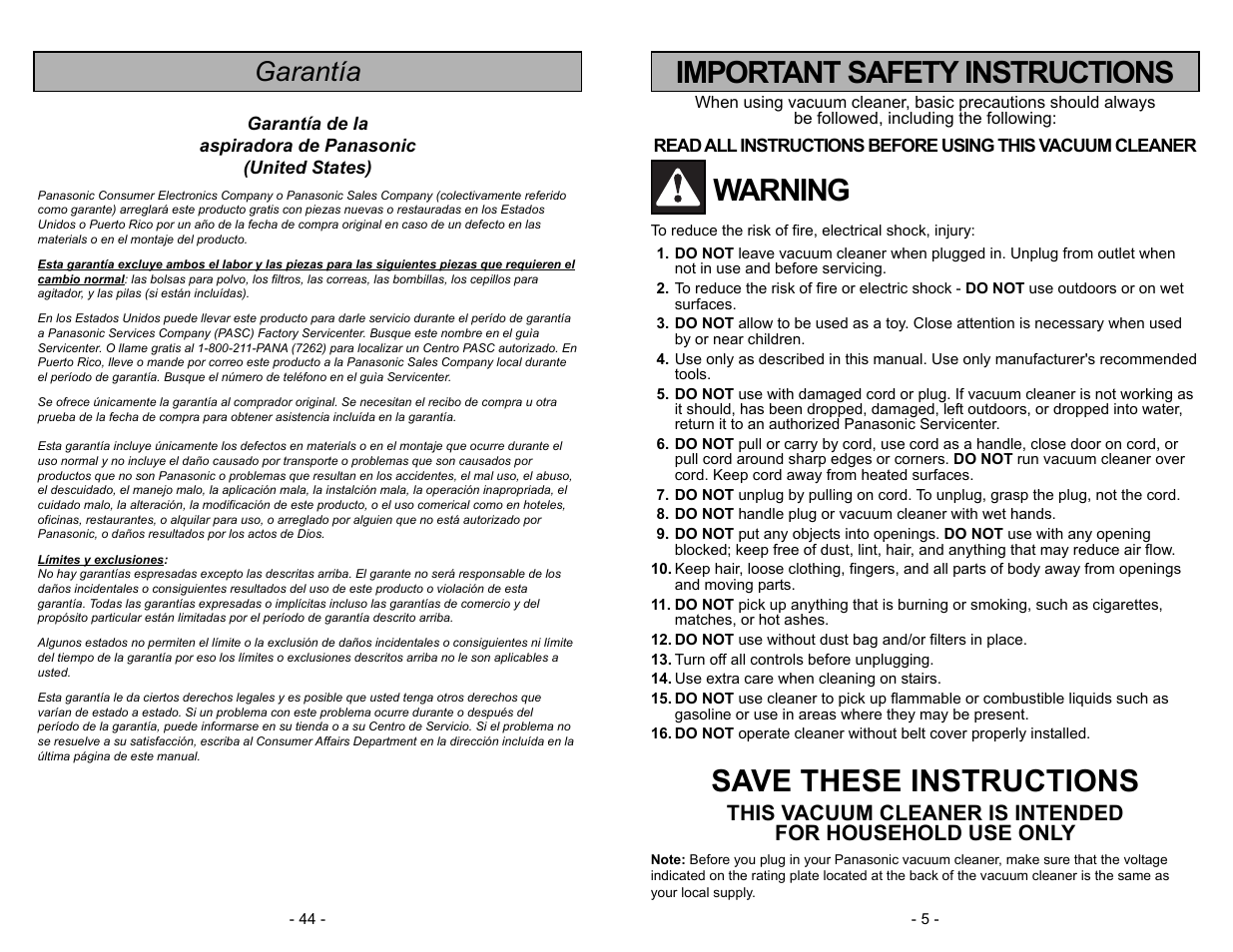 Garantia, Warning, Save these instructions | Important safety instructions, Garantía | Panasonic MC-V5744 User Manual | Page 44 / 48