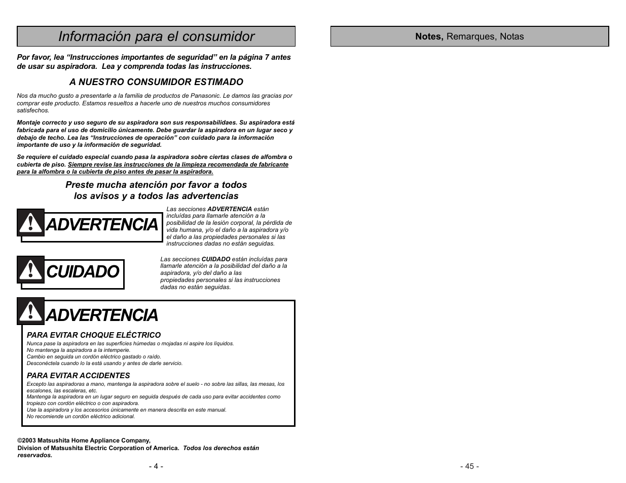 Advertencia, Cuidado, Información para el consumidor | Panasonic MC-V5744 User Manual | Page 45 / 48