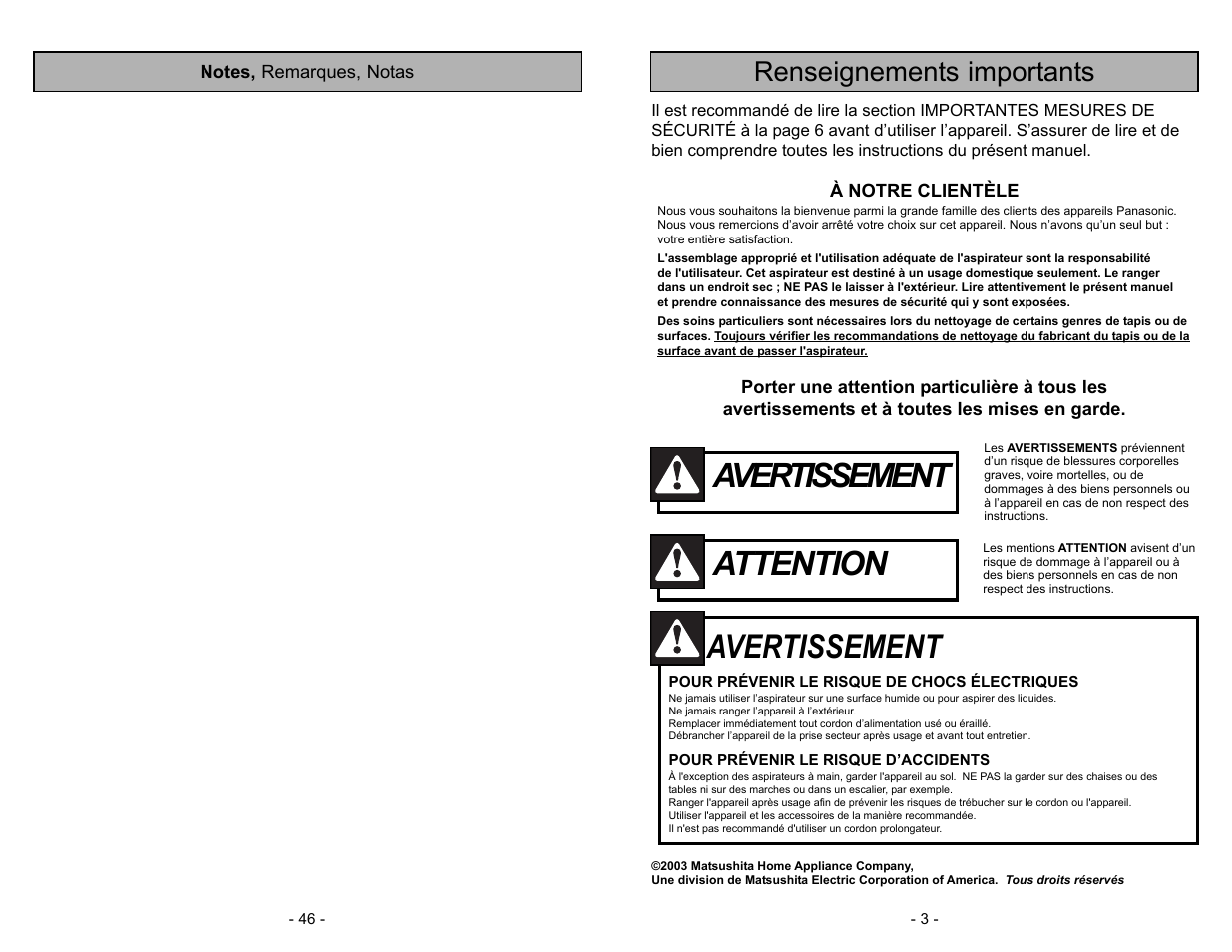 Avertissement, Attention, Renseignements importants | Panasonic MC-V5744 User Manual | Page 46 / 48