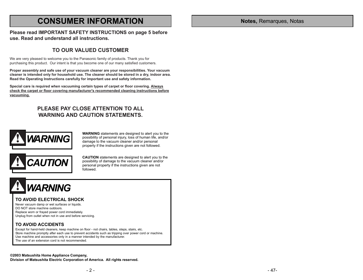 Warning, Caution, Consumer information | Panasonic MC-V5744 User Manual | Page 47 / 48