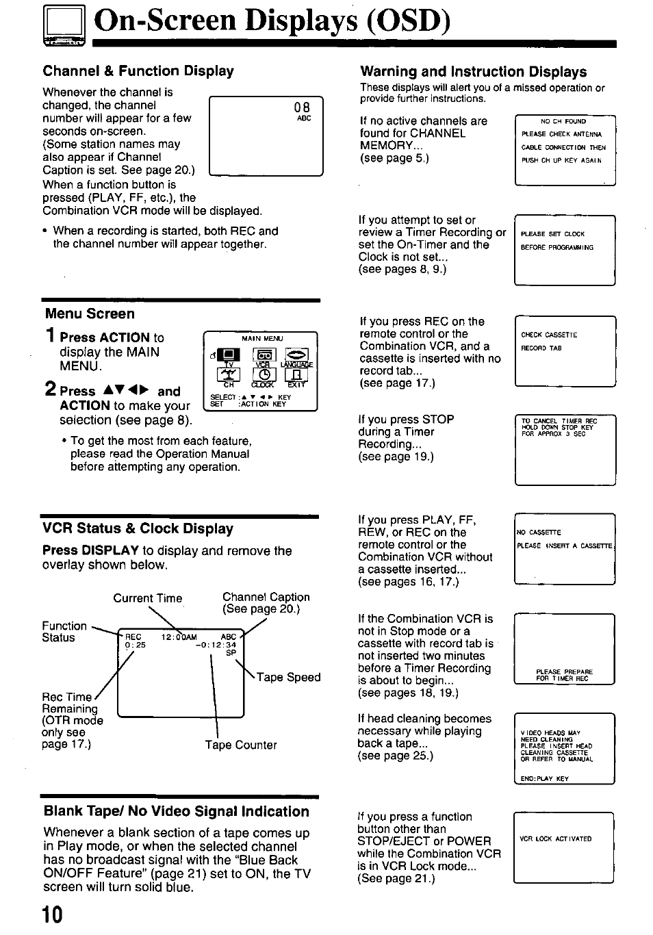 On-screen displays (osd), Channel & function display, Warning and instruction displays | Menu screen, 1 press action to, 2 press and, Vcr status & clock display, Blank tape/ no video signal indication | Panasonic pvm1348 User Manual | Page 10 / 32