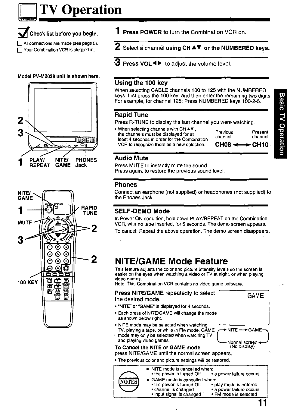 Tv operation, X check list before you begin, Using the 100 key | Rapid tune, Audio mute, Phones, Self-demo mode, Nite/game mode feature | Panasonic pvm1348 User Manual | Page 11 / 32