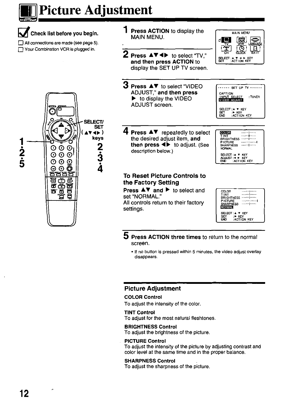 Picture adjustment | Panasonic pvm1348 User Manual | Page 12 / 32