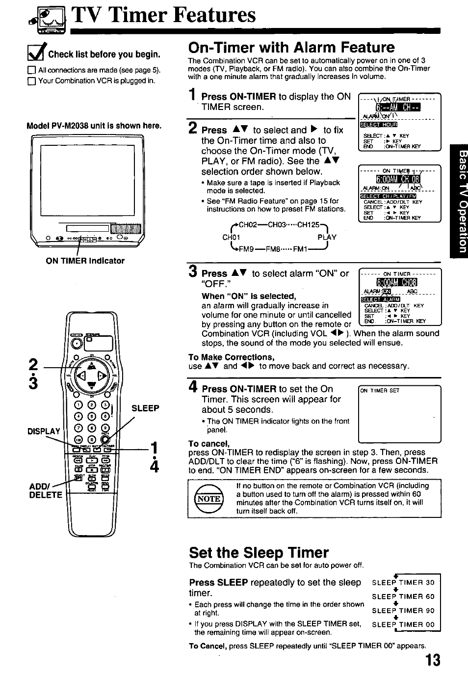 O tv timer features, Check list before you begin, On-timer with alarm feature | Шшёввшишиа, Press on-timer to set the on, Set the sleep timer | Panasonic pvm1348 User Manual | Page 13 / 32