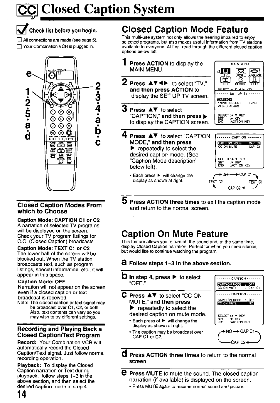 Iccj closed caption system, Which to choose, Closed caption mode feature | Caption on mute feature, 3 follow steps 1-3 in the above section, Closed caption system | Panasonic pvm1348 User Manual | Page 14 / 32