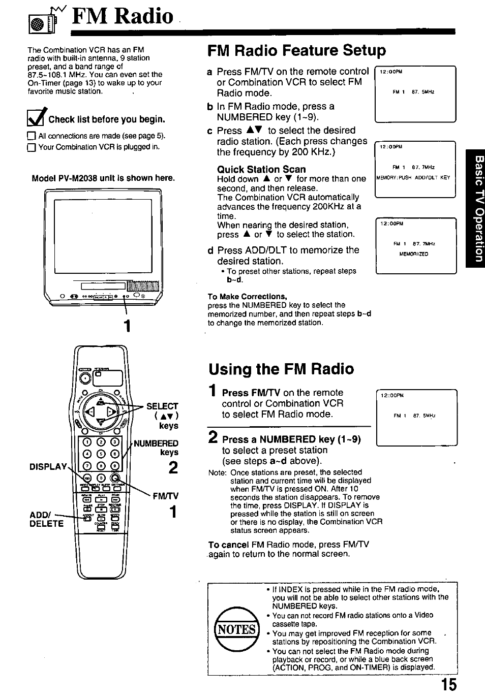 R fm radio, Quick station scan, Using the fm radio | 1 press fm/tv on the remote, Press a numbered key (1-9), Fm radio, Fm radio feature setup | Panasonic pvm1348 User Manual | Page 15 / 32