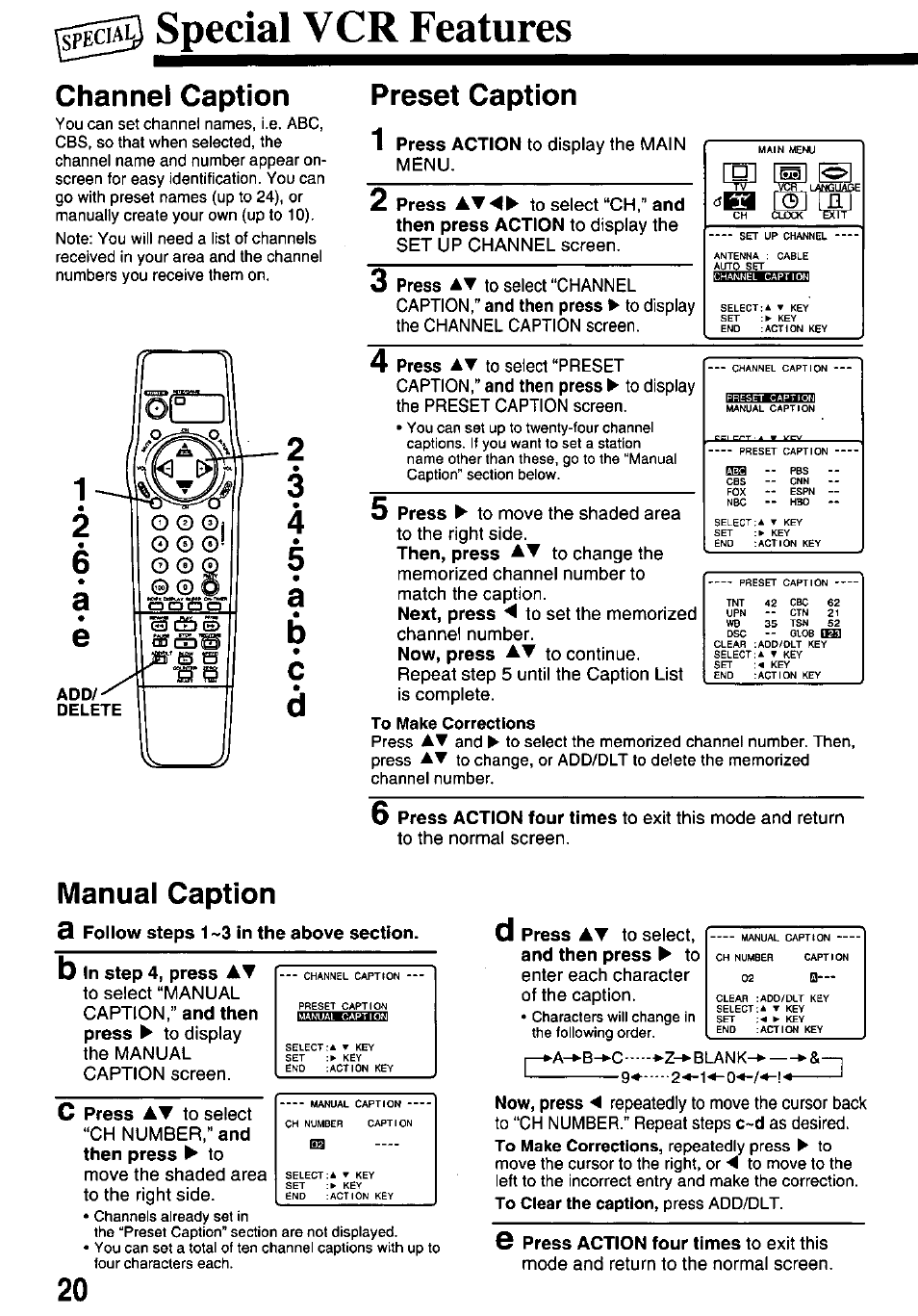 Spes^ special vcr features, Channel caption, Preset caption | To make corrections, Manual caption, 3 follow steps 1 -3 in the above section, B in step 4, press at, Press at to select, and then press ► to, S^ special vcr features | Panasonic pvm1348 User Manual | Page 20 / 32
