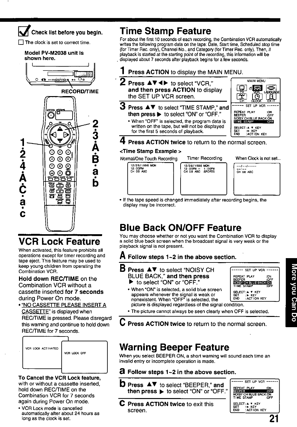 Vcr lock feature, Time stamp feature, Blue back on/off feature | Warning beeper feature | Panasonic pvm1348 User Manual | Page 21 / 32