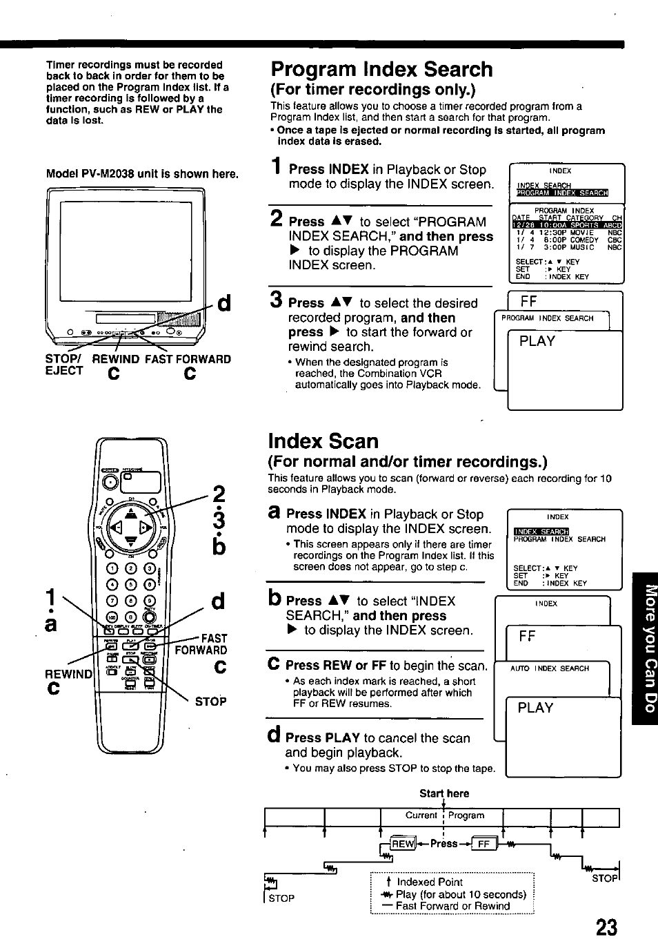Program index search, Index scan, Cprogram index search | For timer recordings only.), For normal and/or timer recordings.) | Panasonic pvm1348 User Manual | Page 23 / 32