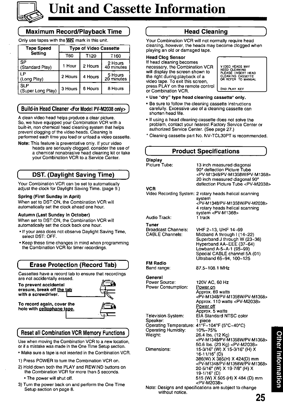 Unit and cassette information, Build-in head cleaner <for model pv-m2q38 only, Dst. (daylight ^ving time) | Erase protection (record tab), Reset all combination vcr memory functions, Head cleaning, Product specifications, Auto daylight saving time, Head cleaner <for model pv-m2038 only | Panasonic pvm1348 User Manual | Page 25 / 32