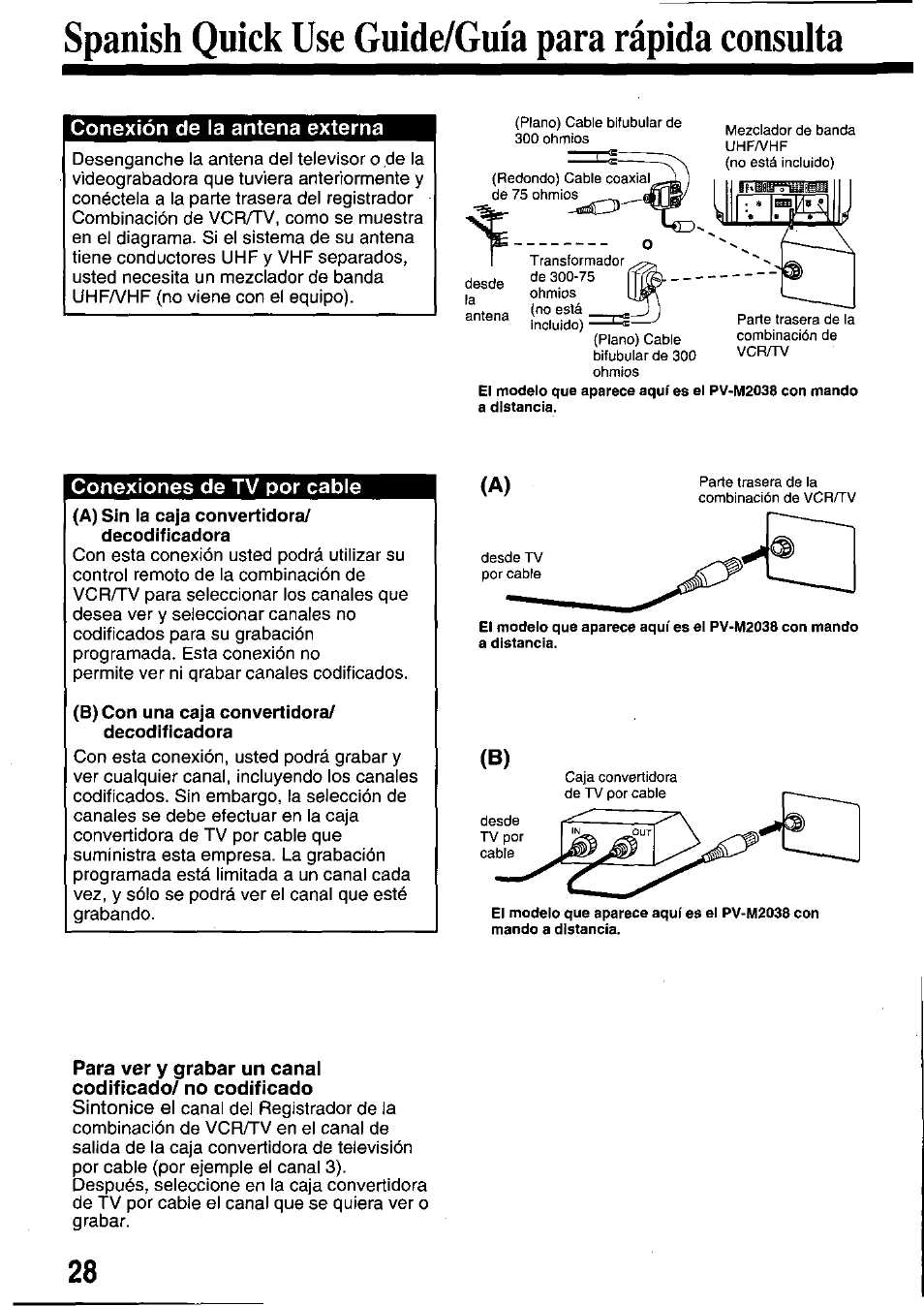Spanish quick use guide/guia para rápida consulta, Conexión de la antena externa, Conexiones de tv por cable | B) con una caja convertidora/ decodificadora, Spanish quick use guide/gufa para rápida, Consulta -31 | Panasonic pvm1348 User Manual | Page 28 / 32