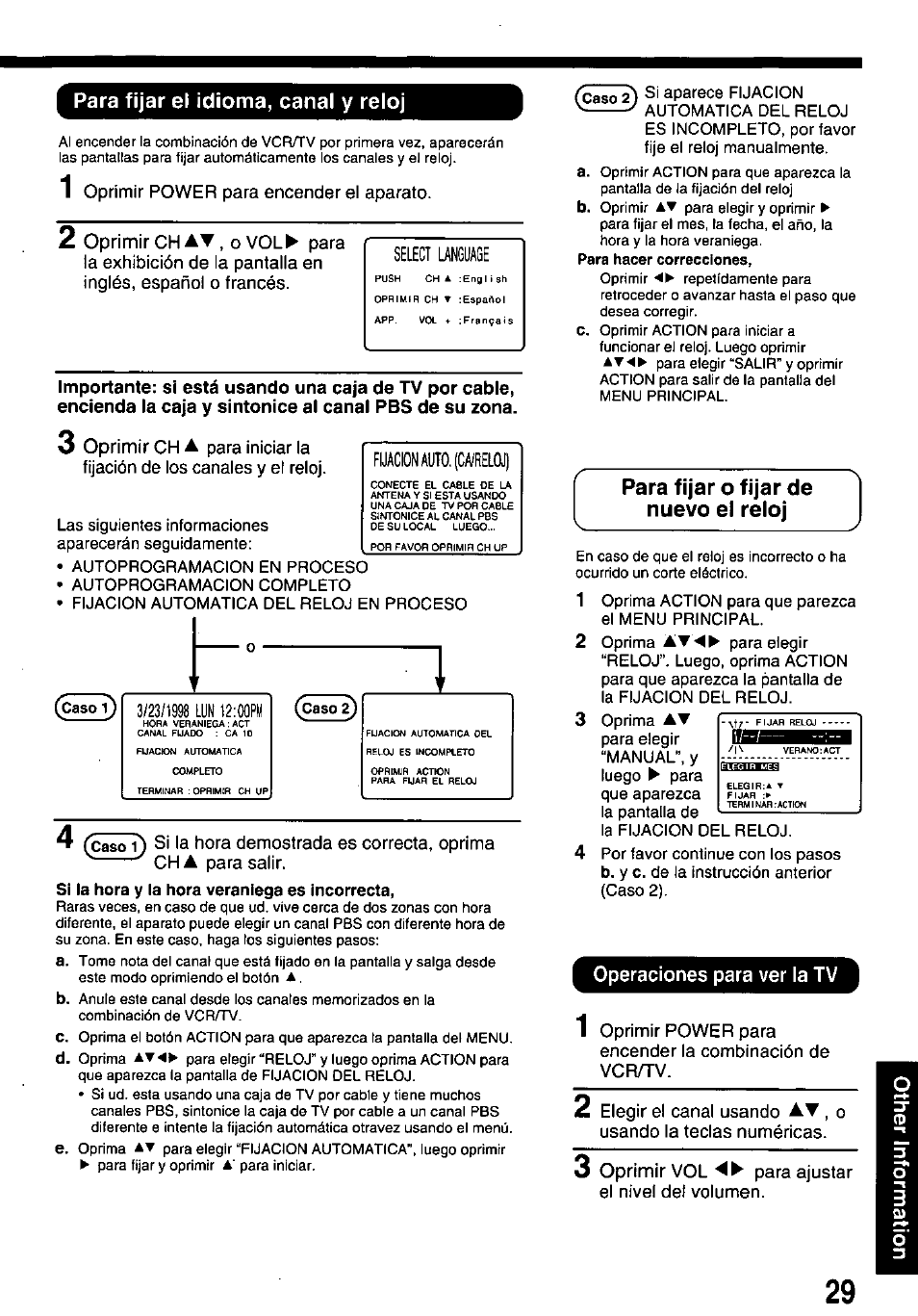 Para fijar el idioma, canal y reloj, Para fijar o fijar de nuevo el reloj, Operaciones para ver la tv | Oprimir | Panasonic pvm1348 User Manual | Page 29 / 32